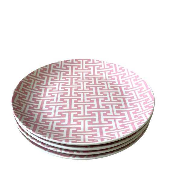 Godinger Porcelain Appetizer Plates 8.25" Pink & White Geometric Set of 4 NEW - Picture 7 of 11